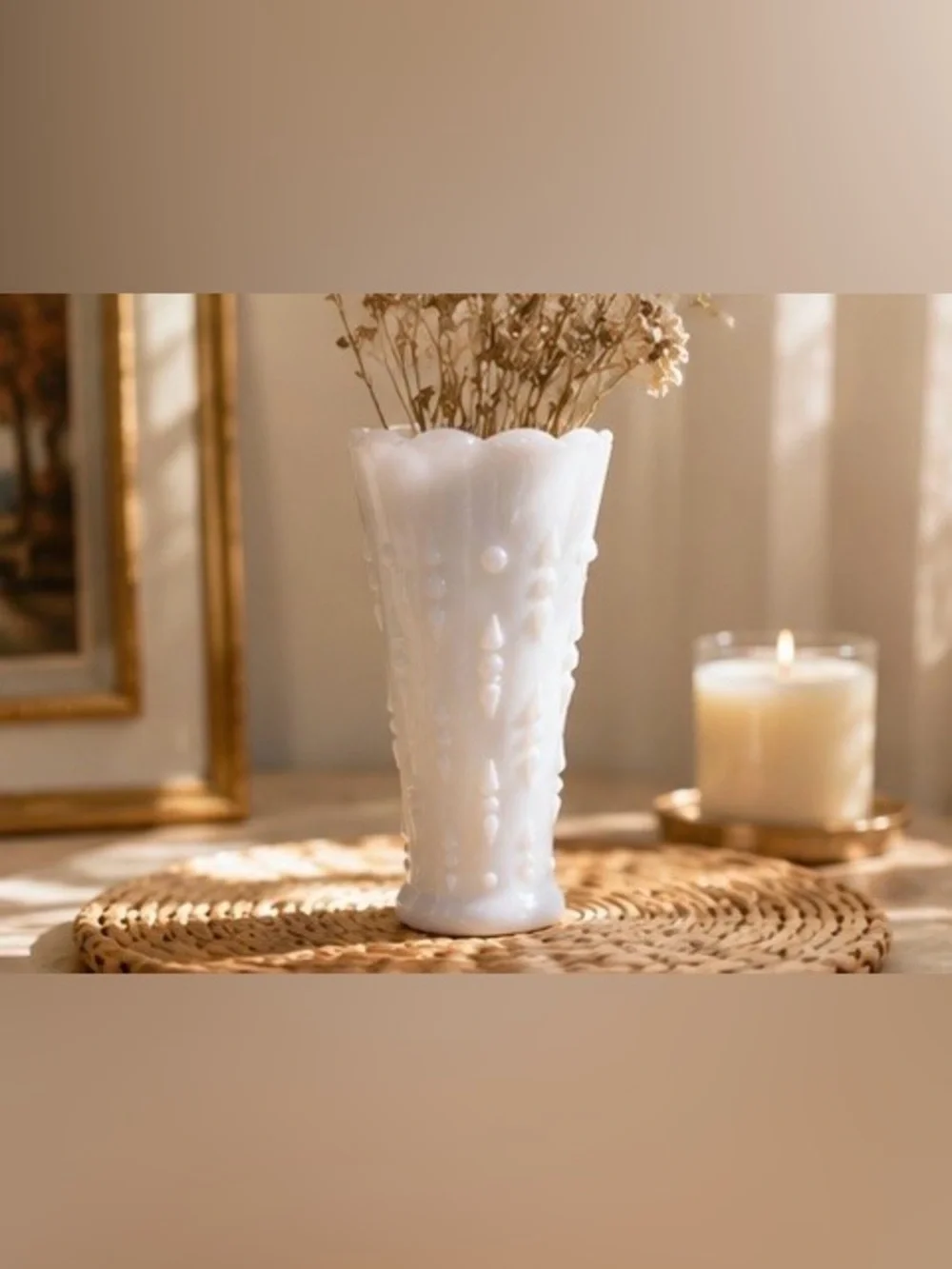 Vintage Milk Glass Vase Dots and Arrows Bubble Design White